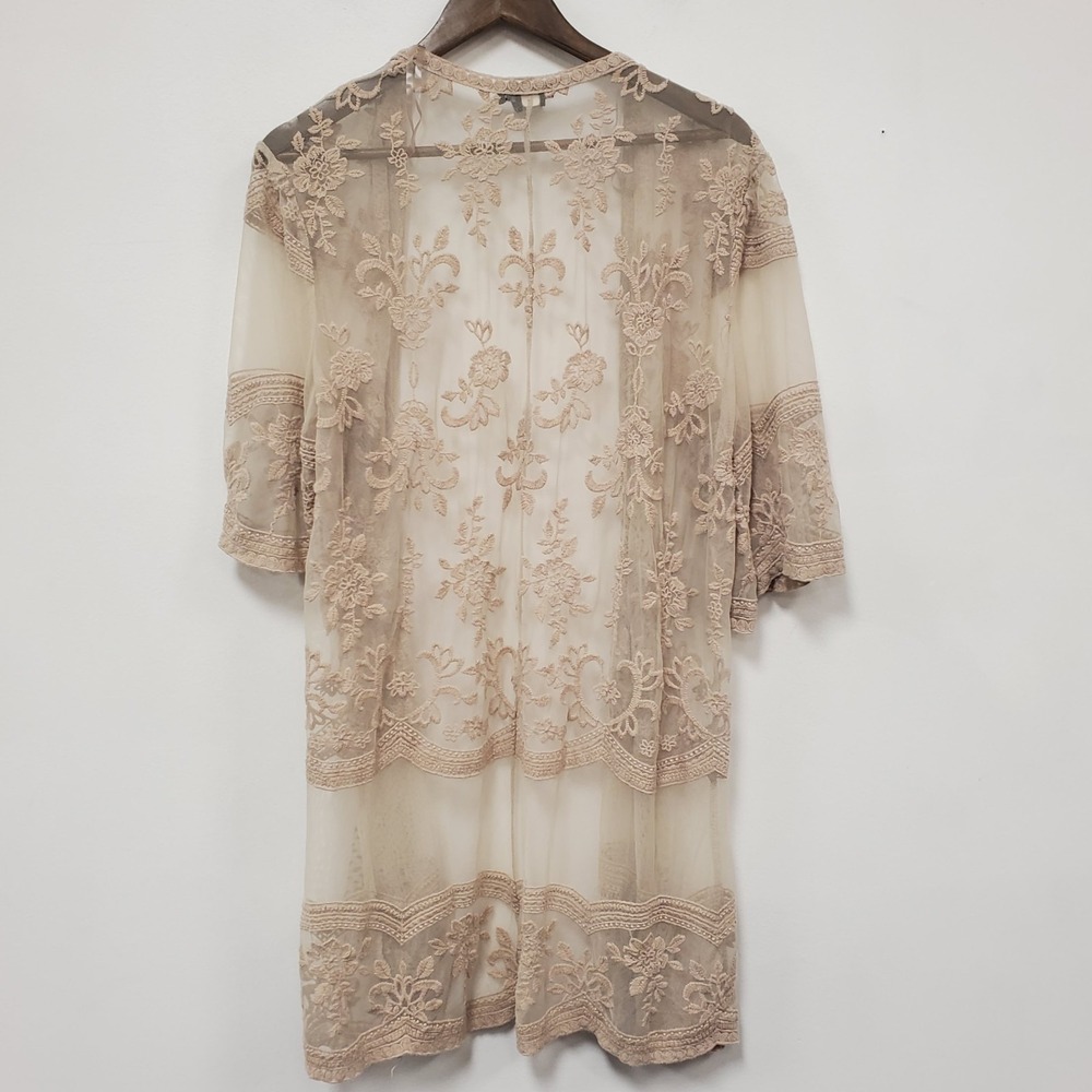 Miss Chevious Womens Open Front Lace Kimono Top Size L/XL Beige Y2K Flare Sleeve - Picture 3 of 9
